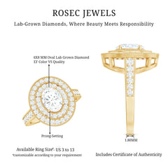 Certified 6X8 MM Oval Lab Grown Diamond Double Halo Engagement Ring