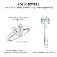 Certified Lab Grown Diamond Heart Engagement Ring 8 MM with Double Prong