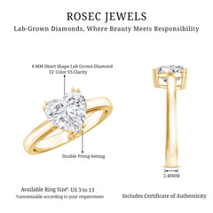 Certified Lab Grown Diamond Heart Engagement Ring 8 MM with Double Prong