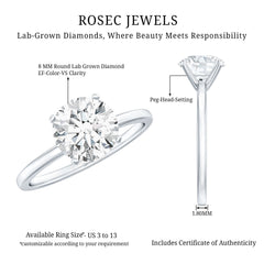 Certified 8 MM Round Lab Grown Diamond 4 Prong Engagement Ring