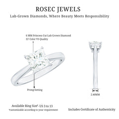 6 MM Princess Cut Lab Grown Diamond Solitaire Engagement Ring For Women