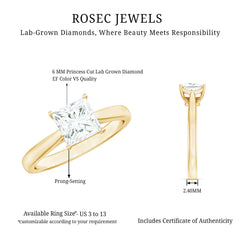 6 MM Princess Cut Lab Grown Diamond Solitaire Engagement Ring For Women