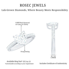 3 Prong Lab Grown Diamond Heart Engagement Ring For Women