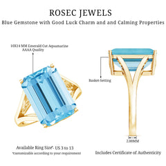 Certified 9 Carat Aquamarine Emerald Cut Engagement Ring in Yellow Gold Plated Silver