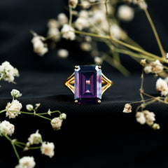 Certified 9 Carat Emerald Cut Lab Grown Amethyst Engagement Ring