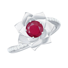 Natural 0.6 Carat Ruby Flower Engagement Ring with Diamond Bypass Shank
