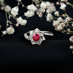 Natural 0.6 Carat Ruby Flower Engagement Ring with Diamond Bypass Shank
