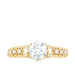Round Cut Certified Moissanite Art Deco Engagement Ring