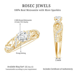 Certified Round Moissanite Antique Looking Engagement Ring