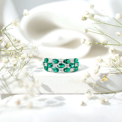 Oval Cut Lab Grown Emerald Statement Wedding Band with Diamond
