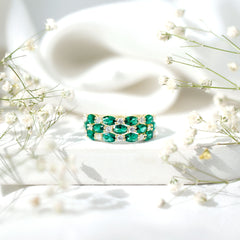 Oval Cut Lab Grown Emerald Statement Wedding Band with Diamond