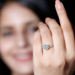 Certified Moissanite Halo Engagement Ring with Criss Cross Shank