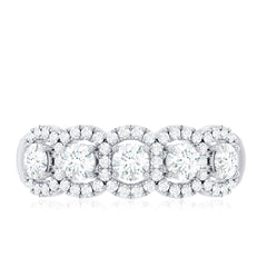 Round Cut Moissanite 5 Stone Anniversary Ring with Halo
