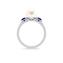 Freshwater Pearl and Blue Sapphire Engagement Ring with Moissanite