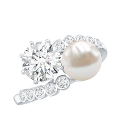 Freshwater Pearl and Moissanite Toi Et Moi Cocktail Ring