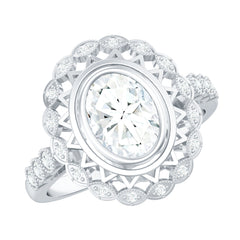 Oval Moissanite Retro Engagement Ring in Beaded Bezel Setting