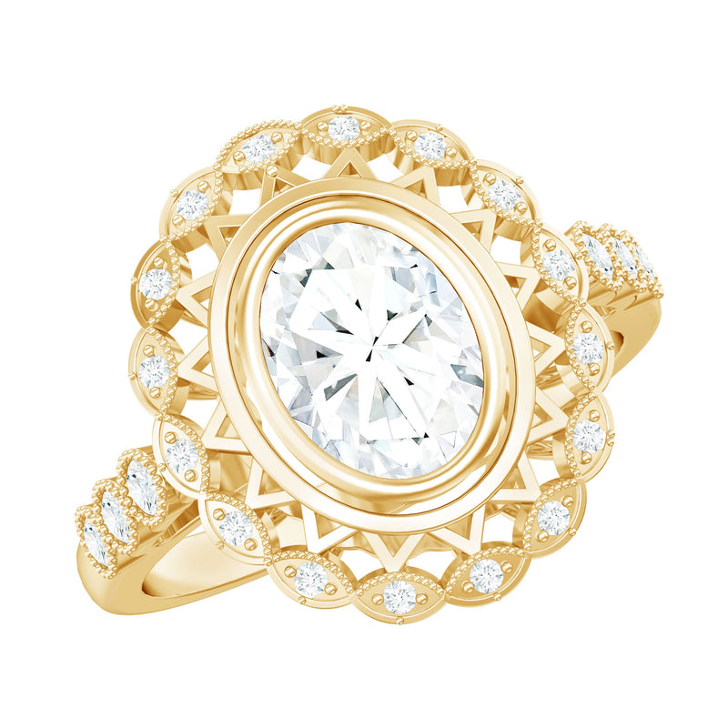 Oval Moissanite Retro Engagement Ring in Beaded Bezel Setting
