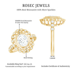 Oval Moissanite Retro Engagement Ring in Beaded Bezel Setting