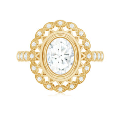 Oval Moissanite Retro Engagement Ring in Beaded Bezel Setting
