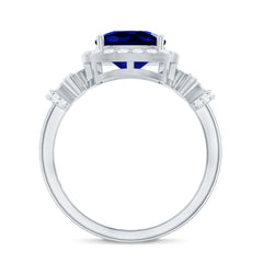 3.5 CT Cushion Cut Created Blue Sapphire Engagement Ring with Diamond Accent