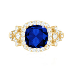 3.5 CT Cushion Cut Created Blue Sapphire Engagement Ring with Diamond Accent