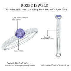 Natural Tanzanite Engagement Ring with Pave Diamond Side Stones