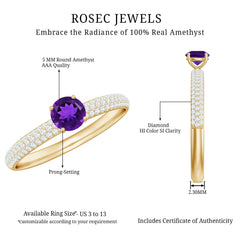 Natural Amethyst Solitaire Ring with Diamond Side Stones