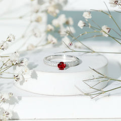 Lab Created Ruby Solitaire Ring with Moissanite Side Stones