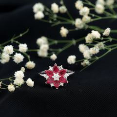 Natural 1.8 Carat Ruby Diamond Flower Engagement Ring for Women
