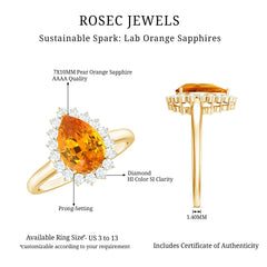 2.5 Carat Lab Grown Orange Sapphire Teardrop Engagement Ring with Diamond Halo