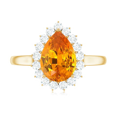2.5 Carat Lab Grown Orange Sapphire Teardrop Engagement Ring with Diamond Halo