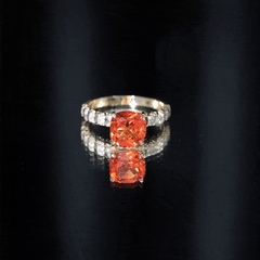2.75 Carat Lab Grown Orange Sapphire Cushion Cut Engagement Ring with Diamond