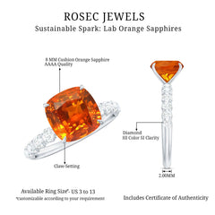 2.75 Carat Lab Grown Orange Sapphire Cushion Cut Engagement Ring with Diamond
