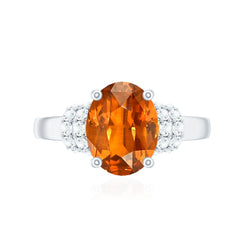 4 Carat Oval Lab Grown Orange Sapphire Engagement Ring with Diamond Side Stones