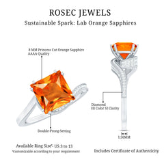 2.75 Carat Princess Cut Lab Grown Orange Sapphire Engagement Ring with Diamond Bypass Shank
