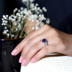 Certified 2 Carat Lab Grown Blue Sapphire Heart Engagement Ring with Diamond Split Shank