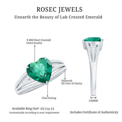 Designer 8 mm Lab Grown Emerald Heart Engagement Ring With Diamonds