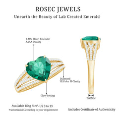 Designer 8 mm Lab Grown Emerald Heart Engagement Ring With Diamonds