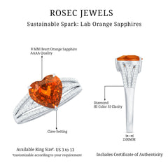 2 Carat Lab Grown Orange Sapphire Heart Engagement Ring with Diamond Split Shank