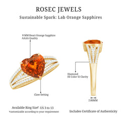 2 Carat Lab Grown Orange Sapphire Heart Engagement Ring with Diamond Split Shank