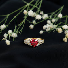 Heart Shape Created Ruby Engagement Ring with Diamond