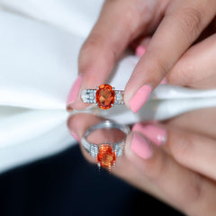4 Carat Oval Lab Grown Orange Sapphire Statement Engagement Ring with Diamond