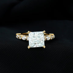 Certified Princess Cut Moissanite Engagement Ring with Side Stones