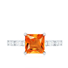 2.75 Carat Lab Grown Orange Sapphire Princess Cut Engagement Ring with Side Stones
