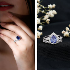 Certified 1.85 Carat Lab Grown Blue Sapphire Pear Shaped Engagement Ring Set with Diamond