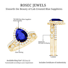 Certified 1.85 Carat Lab Grown Blue Sapphire Pear Shaped Engagement Ring Set with Diamond