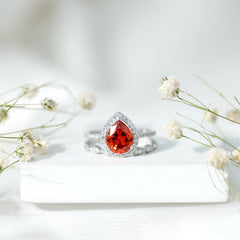 Pear Shaped Lab Grown Orange Sapphire Wedding Ring Set of 2 with Diamond