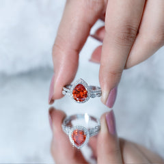Pear Shaped Lab Grown Orange Sapphire Wedding Ring Set of 2 with Diamond