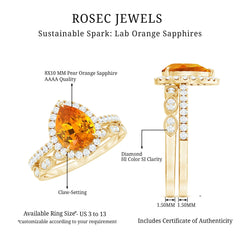 Pear Shaped Lab Grown Orange Sapphire Wedding Ring Set of 2 with Diamond