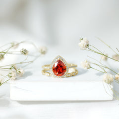 Pear Shaped Lab Grown Orange Sapphire Wedding Ring Set of 2 with Diamond